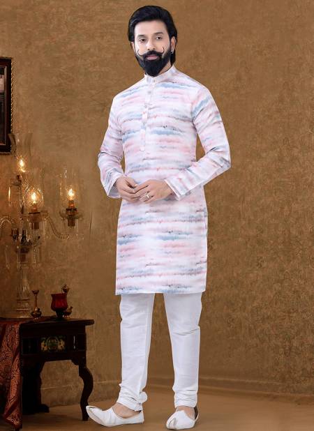 White And Cream Colour New Printed Ethnic Wear Cotton Mens Kurta Pajama Collection KS 1552